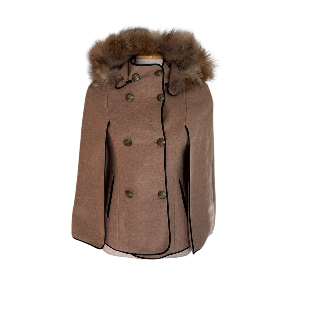Women's Tan Cape Coat with Detachable Faux Fur Trim Hood - Picture 6 of 11